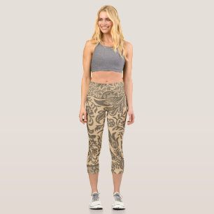 Vintages Sepia Tan Floral Botanisches Muster Capri Leggings