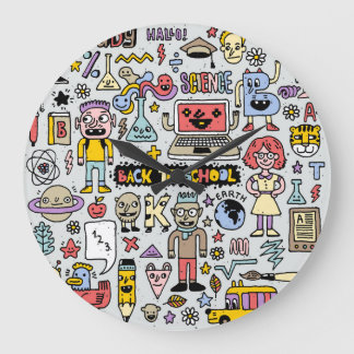 Vintages Set an der Doodle School Große Wanduhr