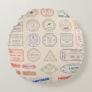 Vintages Set Vintage Briefmarke aus Ländern Rundes Kissen