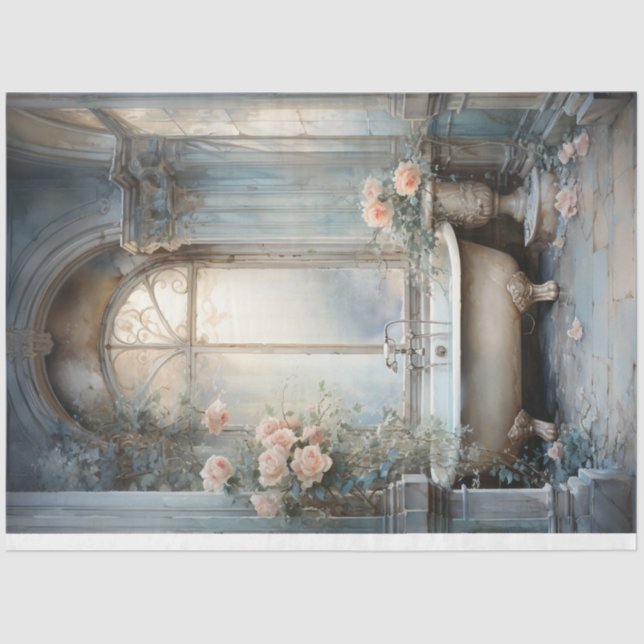 Vintages Shabby Chic Bad mit Blumengrün Seidenpapier (Vorderseite)