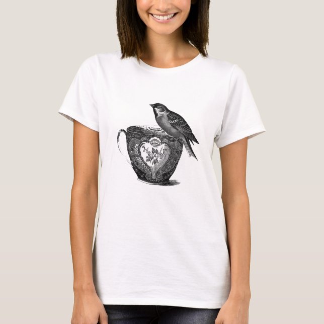 Vintages Shabby Chic Bird und Teebecher T - Shirt (Vorderseite)