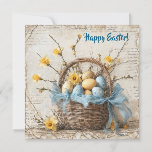 Vintages Shabby Chic - Blaue Ostereier im Korb Feiertagskarte