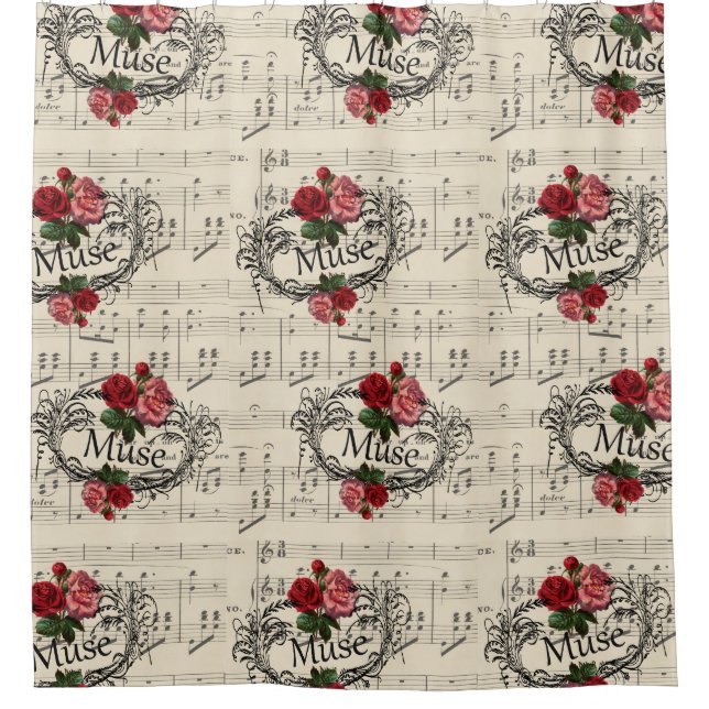 Vintages Shabby Chic-Blumenblatt-Musiknoten Muse Duschvorhang (Vorderseite)