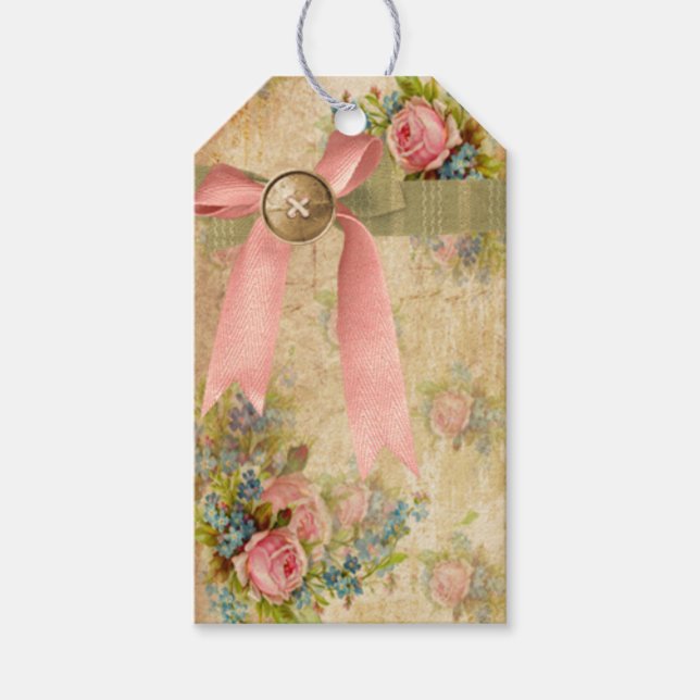 Vintages Shabby Chic Blumenmuster mit rosa Bow-Ges Geschenkanhänger (Vorderseite)
