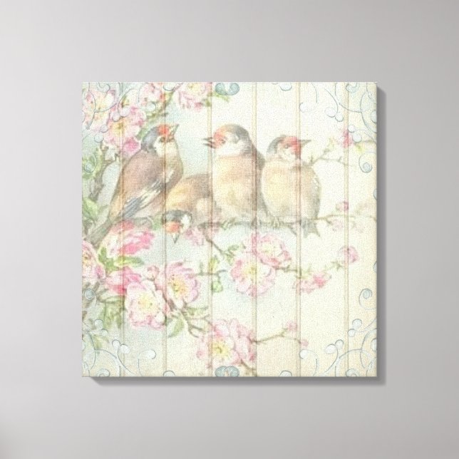 Vintages Shabby Chic Blütenbleibendes Vogeldesign Leinwanddruck (Vorderseite)