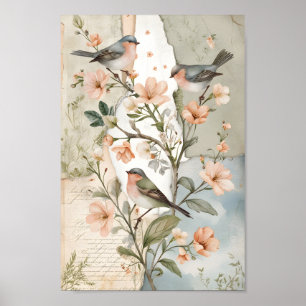 Vintages Shabby Chic Decoupage Bird Botanische Kun Poster