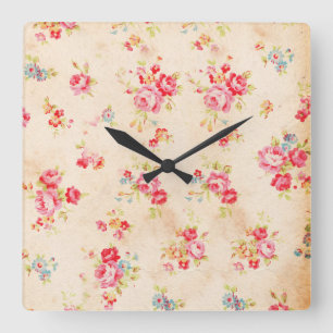 Vintages Shabby Chic-Girly rosa blaue Rosen mit Quadratische Wanduhr