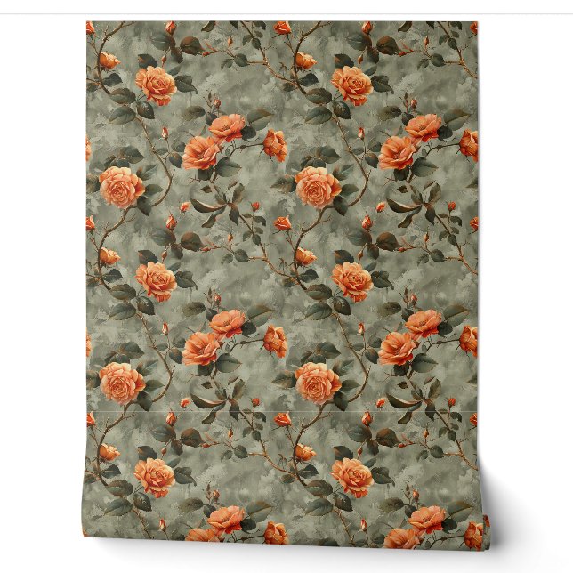 Vintages Shabby Chic Orange Rose Salbeigrün Tapete (Abrollen)