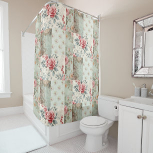 Vintages Shabby Chic Pastel Green Florals Patchwor Duschvorhang