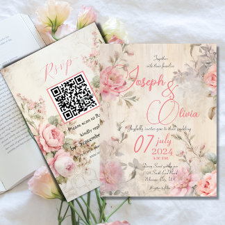 Vintages Shabby Chic rosa mit uAwg qr Hochzeit Einladung