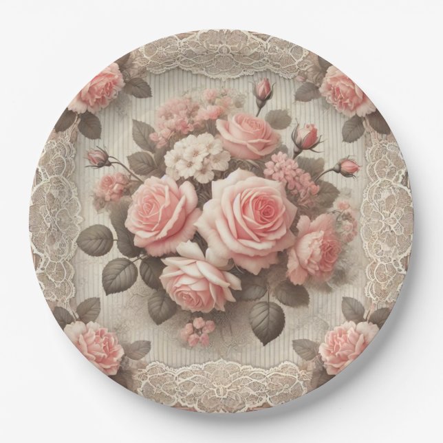 Vintages Shabby Chic Rosa Rose Pappteller (Vorderseite)