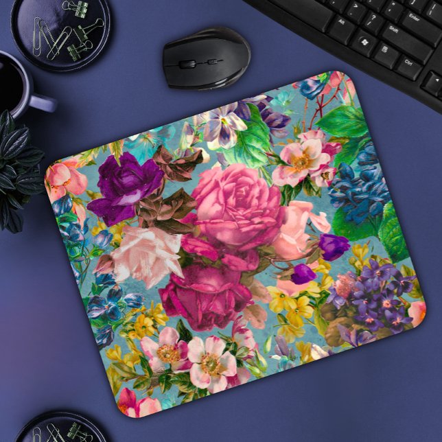 Vintages Shabby Chic Rose Blau rosa Muster Mousepad (Von Creator hochgeladen)