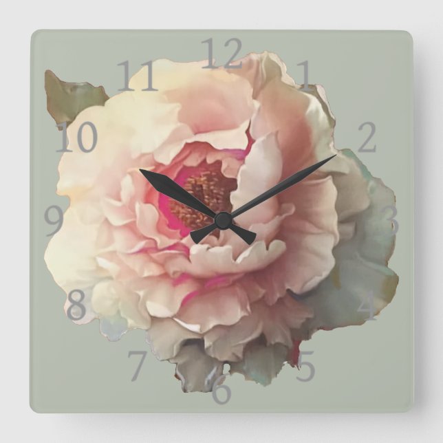 Vintages Shabby Chic White Peony Quadratische Wanduhr (Vorderseite)