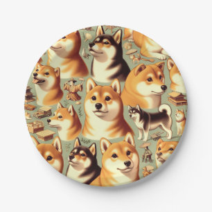 Vintages Shiba Inu Nahtloses Muster Pappteller