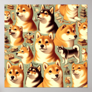 Vintages Shiba Inu Nahtloses Muster Poster