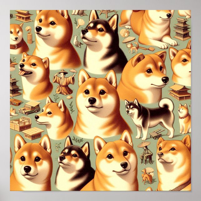 Vintages Shiba Inu Nahtloses Muster Poster (Vorne)