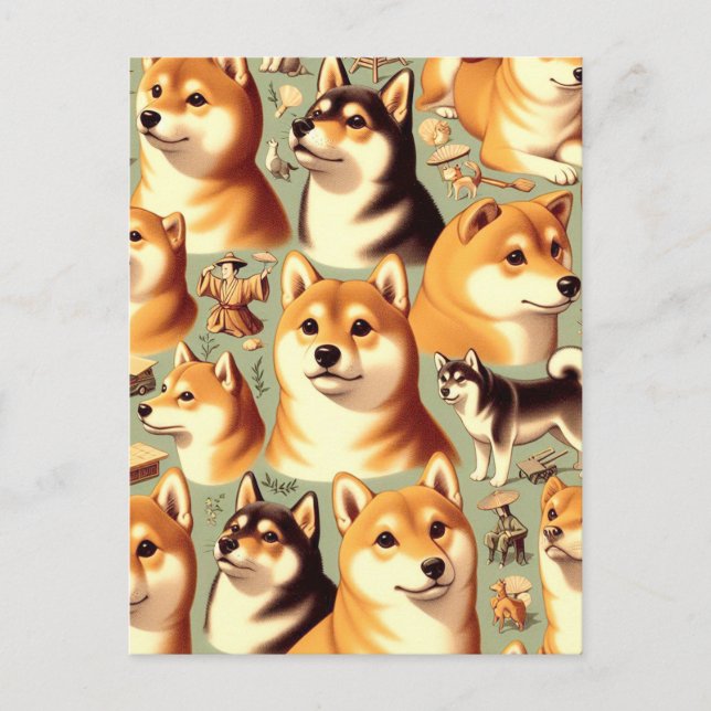 Vintages Shiba Inu Nahtloses Muster Postkarte (Vorderseite)