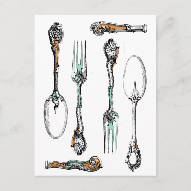 Vintages Silberbesteck, Essgeschirr auf Postkarte (Vorderseite)