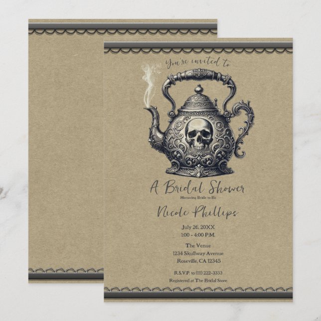 Vintages Silver Skull Tea Kettle Brautparty Einladung (Vorne/Hinten)