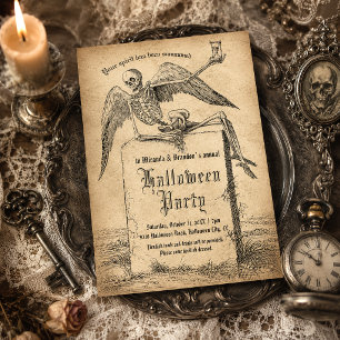 Vintages Skelett Grabstein Gotisches Halloween-Par Einladung
