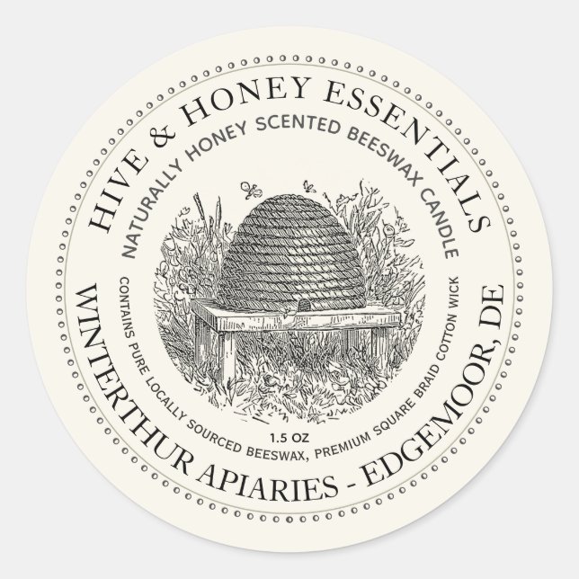 Vintages Skep Hive Candle Label Elfenbein Runder Aufkleber (Vorderseite)