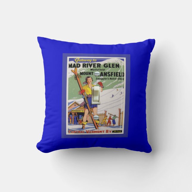 Vintages Ski-Plakat, Ski-Mad River Nebenfluss Kissen (Vorderseite)