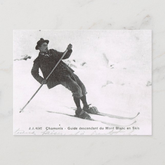 Vintages Skifahren, Abfahrt Mt Blanc auf Skiern Postkarte (Vorderseite)