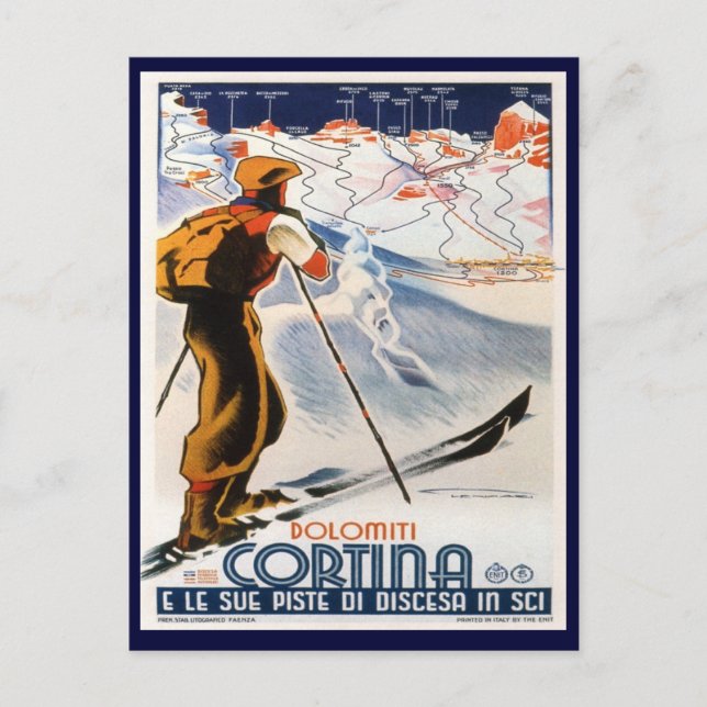 Vintages Skiposter,    Dolomiten, Cortina Postkarte (Vorderseite)
