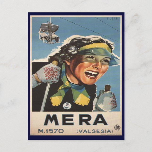 Vintages Skiposter,   Mera Postkarte (Vorderseite)
