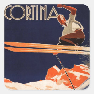 Vintages Skiposter, Skikarina, Italien Quadratischer Aufkleber