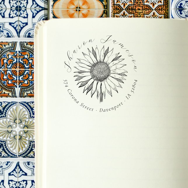 Vintages Skript Sonnenblume benutzerdefinierte Rüc Gummistempel (Vintage Script Sunflower Custom Return Address Rubber Stamp)