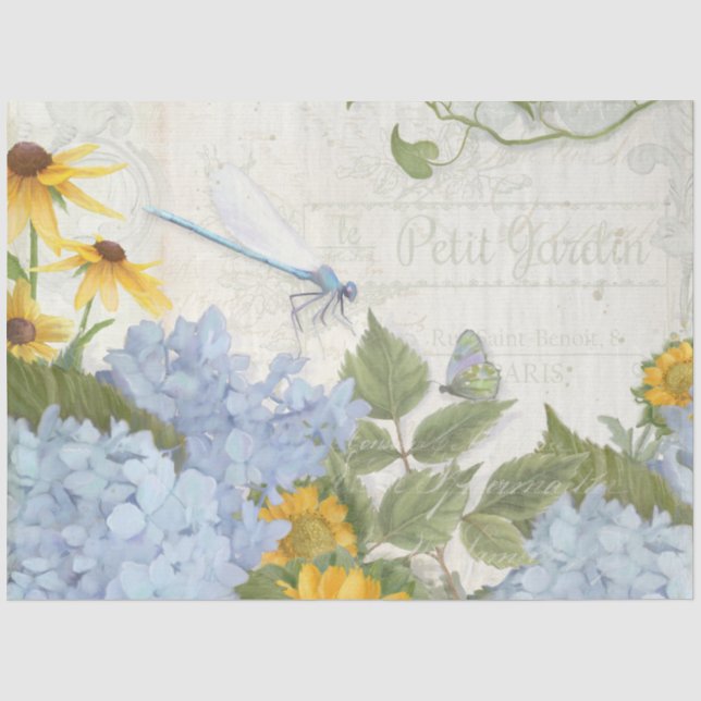 Vintages Skript Sonnenblume Blauer Libelle Tis Seidenpapier (Vorderseite)