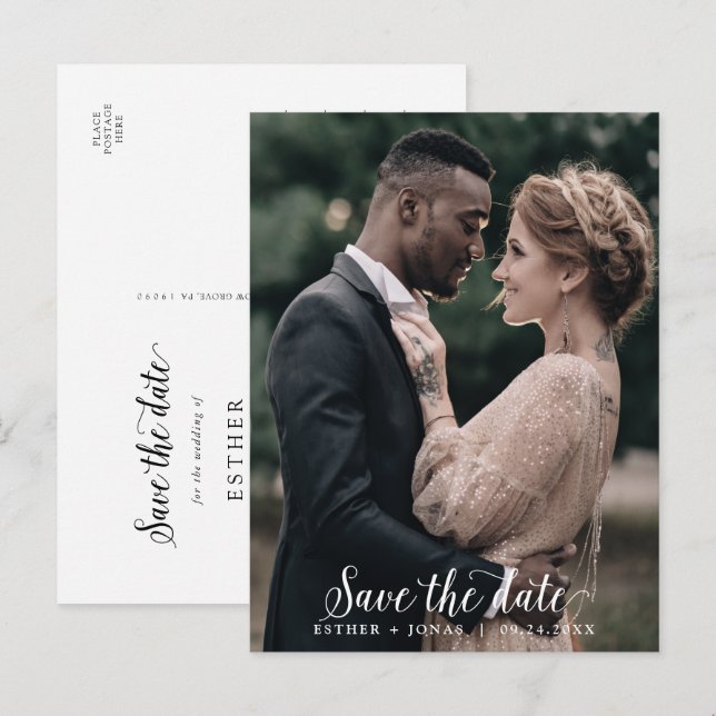 Vintages Skriptdunkel-Fotovorlage Save the Date Einladungspostkarte (Vorne/Hinten)