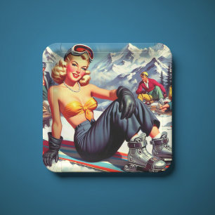 Vintages Snowboard-Button Pappteller