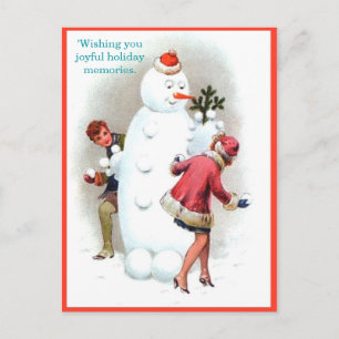 Vintages Snowman & Fun Young Couple aus den 20er J Postkarte