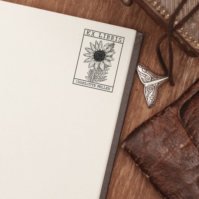 Vintages Sonnenblumenbuch Ex Libris Gummistempel (Von Creator hochgeladen)