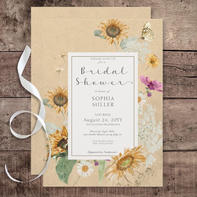 Vintages Sonnenblumengelbes Brautparty Einladung (Vintage Summer Sunflower Floral Yellow Bridal Shower Invitation)