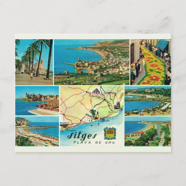 Vintages Spanien, Sitges, Playo de Oro Postkarte (Vorderseite)