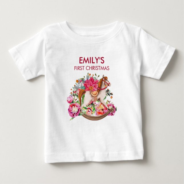 Vintages Spielzeugpferd Poinsettia Erstes Weihnach Baby T-shirt (Vorderseite)