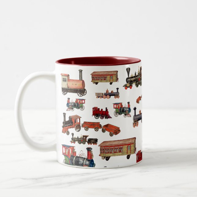 Vintages Spielzeugzug-Muster Zweifarbige Tasse (Links)