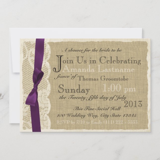 Vintages Spitzen- und Burlap-Brautparty Einladung (Vorderseite)
