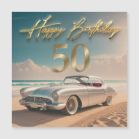 Vintages Sportauto an einem tropischen Strand Happ
