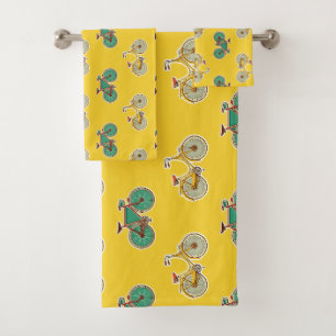 Vintages Sportfahrrad. Gelbes Retro-Fahrradmuster Badhandtuch Set