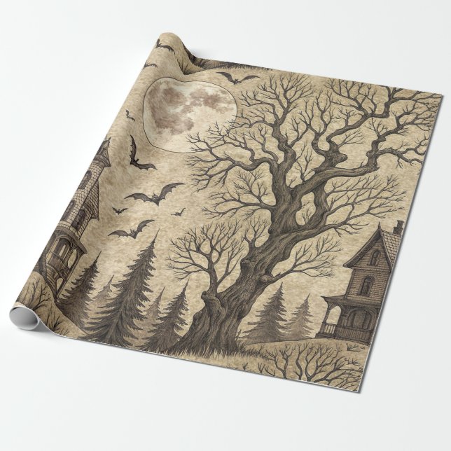Vintages Spuk Haus & Vollmond Geschenkpapier (Ungerollt)