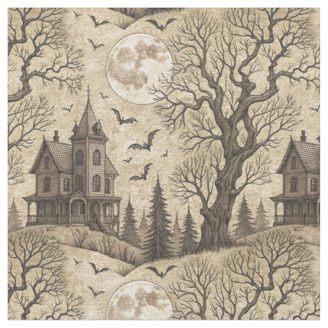 Vintages Spuk Haus & Vollmond Stoff (Nahaufnahme)