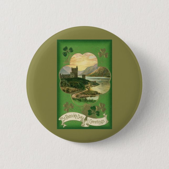 Vintages St. Patricks Day Grüße Kleeblatt Button (Vorderseite)