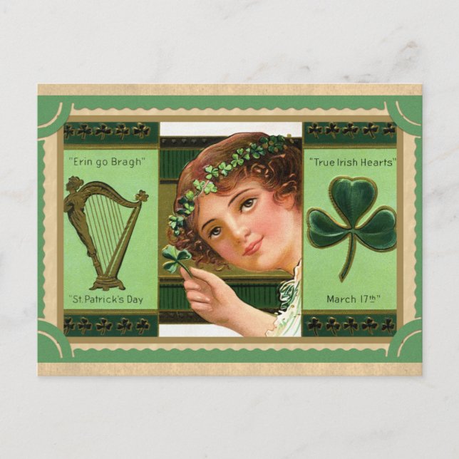 Vintages St Patricks Day Kleeblatt Erin Locarno Postkarte (Vorderseite)