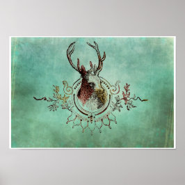 Vintages Stag Head Aquamarin Poster