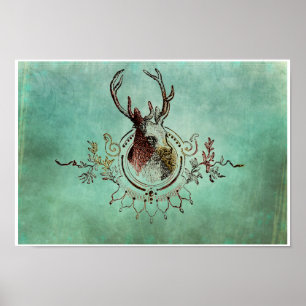 Vintages Stag Head Aquamarin Poster