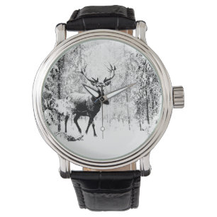 Vintages Stag Hirsch Schwarz-weiß Tier Armbanduhr